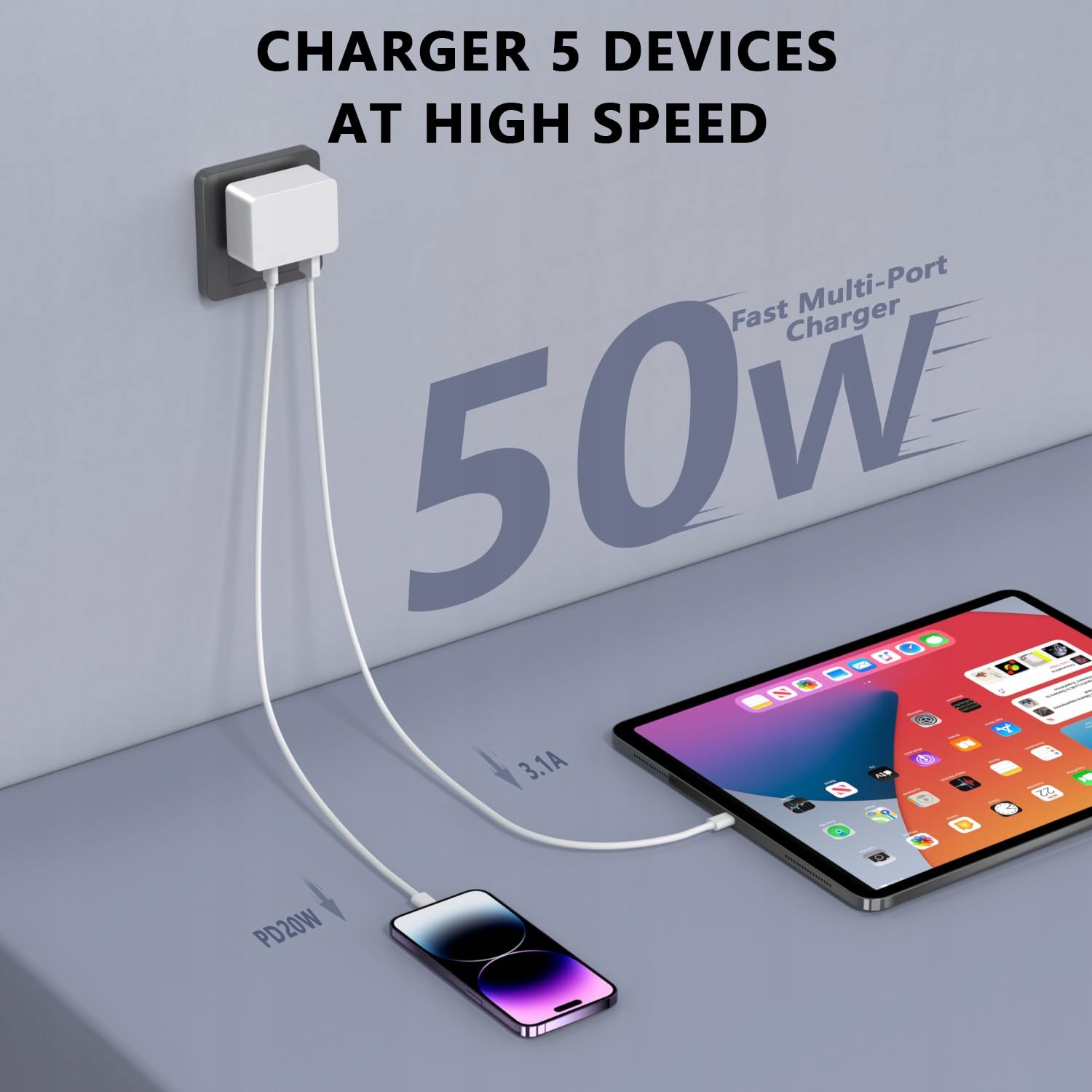HONGYEE Ładowarka USB C 50W Szybkie Ładowanie 5 Portów do iPhone Android — miniatura 2