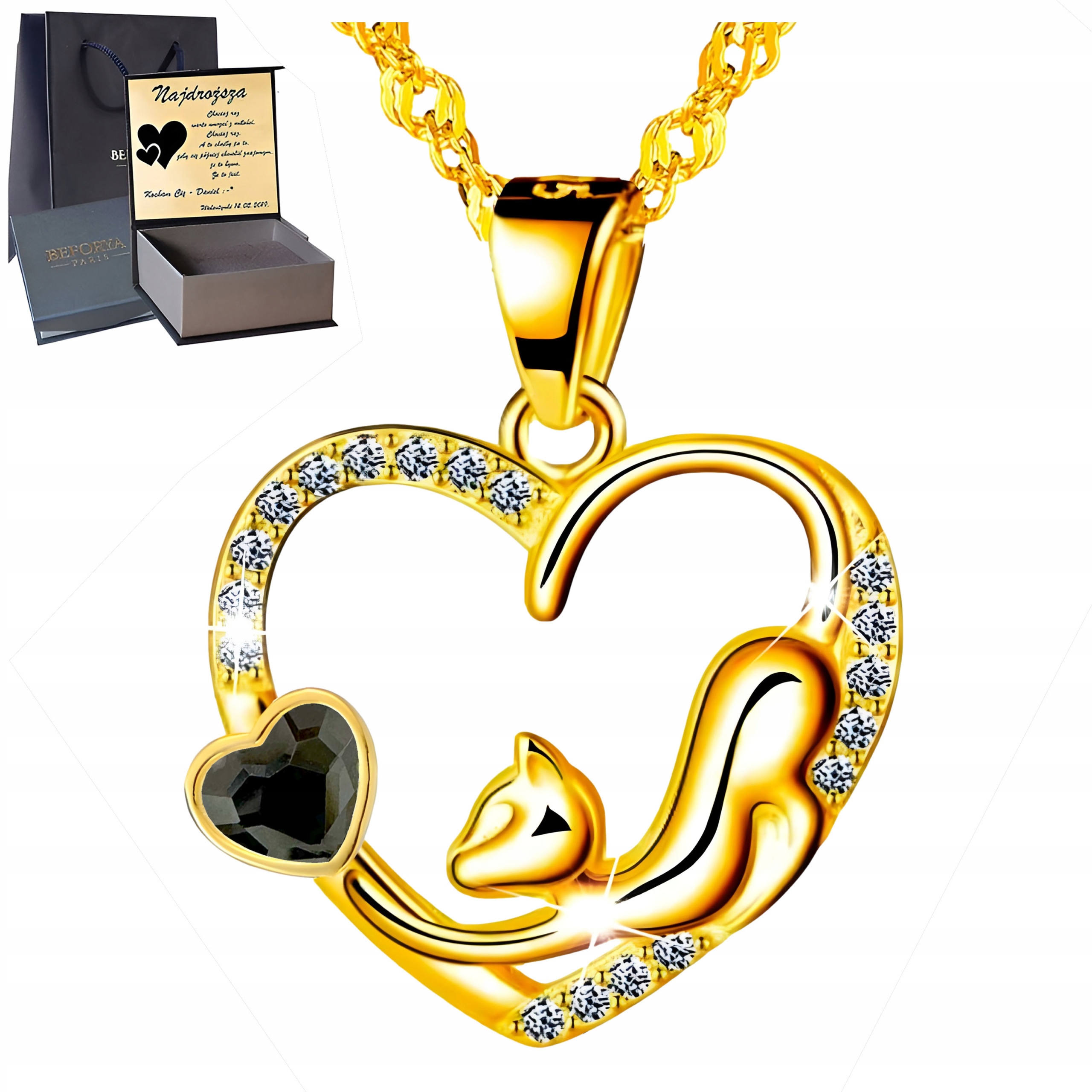 Zlatý náhrdelník Stříbro 925 Přívěsek Dárek k narozeninám Kočička Srdce Gravírování