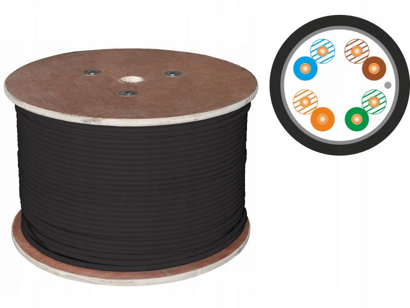 Kabel F/utp kat.5e Pe zewnętrzny suchy Fca 4x2x24 Awg 1Gb/s czarny, 500m
