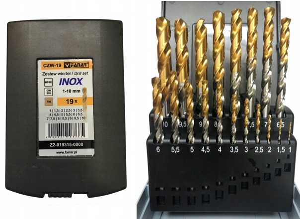 

Zestaw Wierteł 1-10 mm Hss-e Inox Tin CZW-19 Fanar
