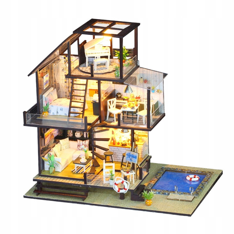 Miniaturowy Domek Zielone Seattle Piętrowy Nowoczesny Led Basen Diy