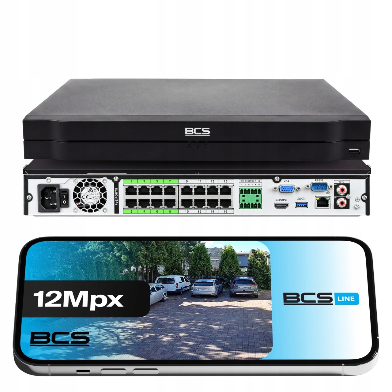 16kanálový Nvr rekordér s PoE pro 12Mpx Ip kamery, 2 monitorovací disky Bcs