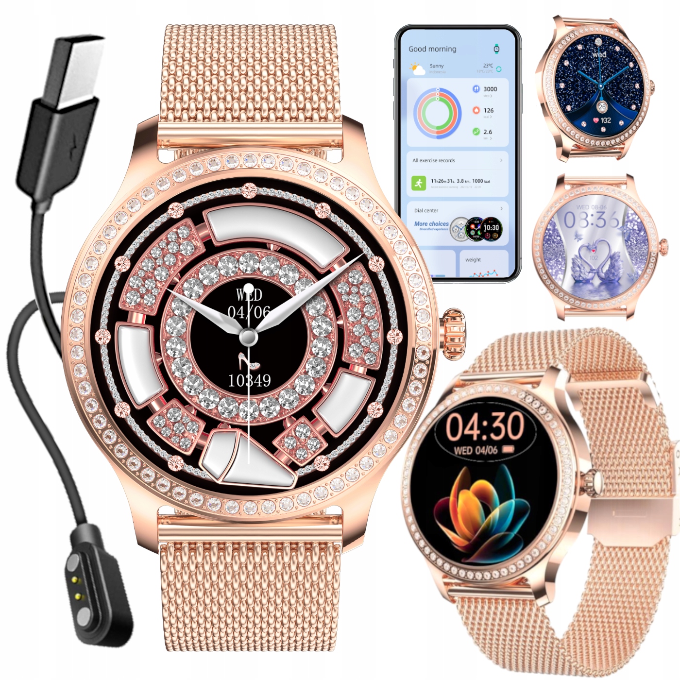 Elegantní dámské Chytré Hodinky s funkcí Volání, růžovo-zlaté, zirkony GlacierX Pearl