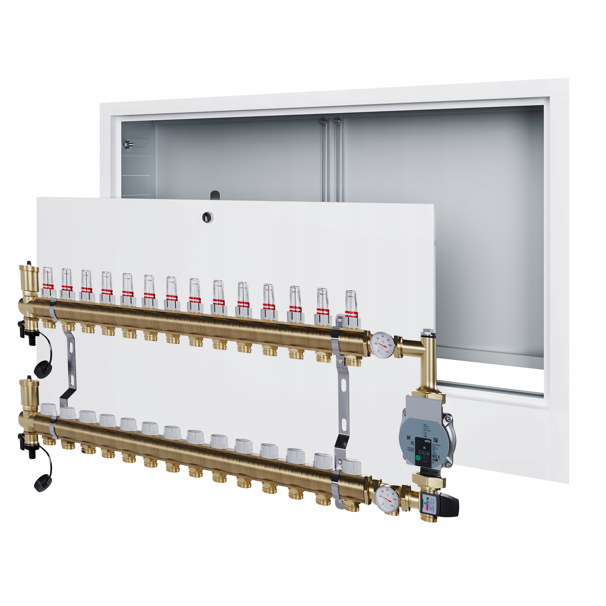 Rozdělovač pro podlahovku 14 s čerpací skupinou Wilo a podomítkovou schránkou