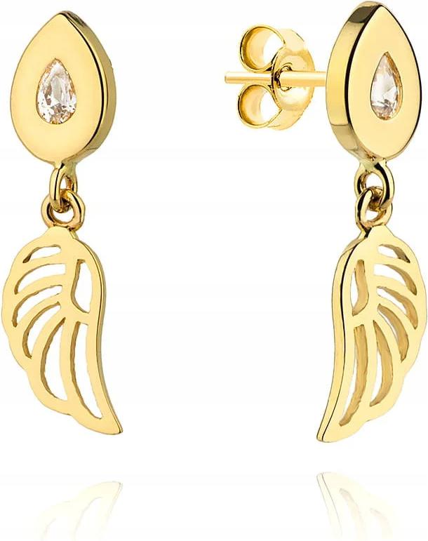 Náušnice zlaté 585, křidélko zavěšené na slzičce se zirkonem, dárek