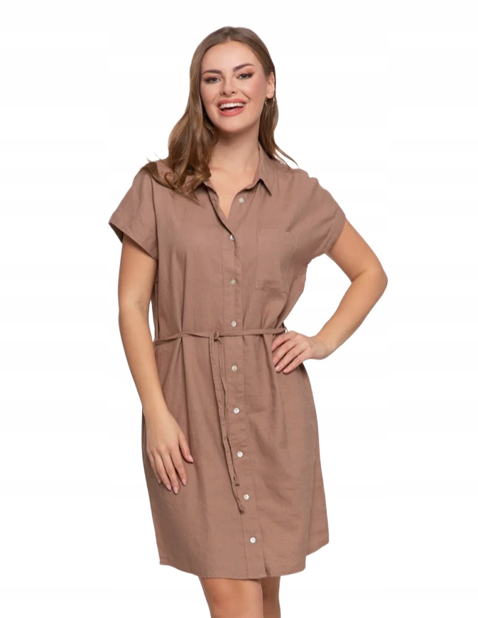 Sukienka Damska Lniana Szmizjerka Do Kolan Rozpinana Beż Moraj L
