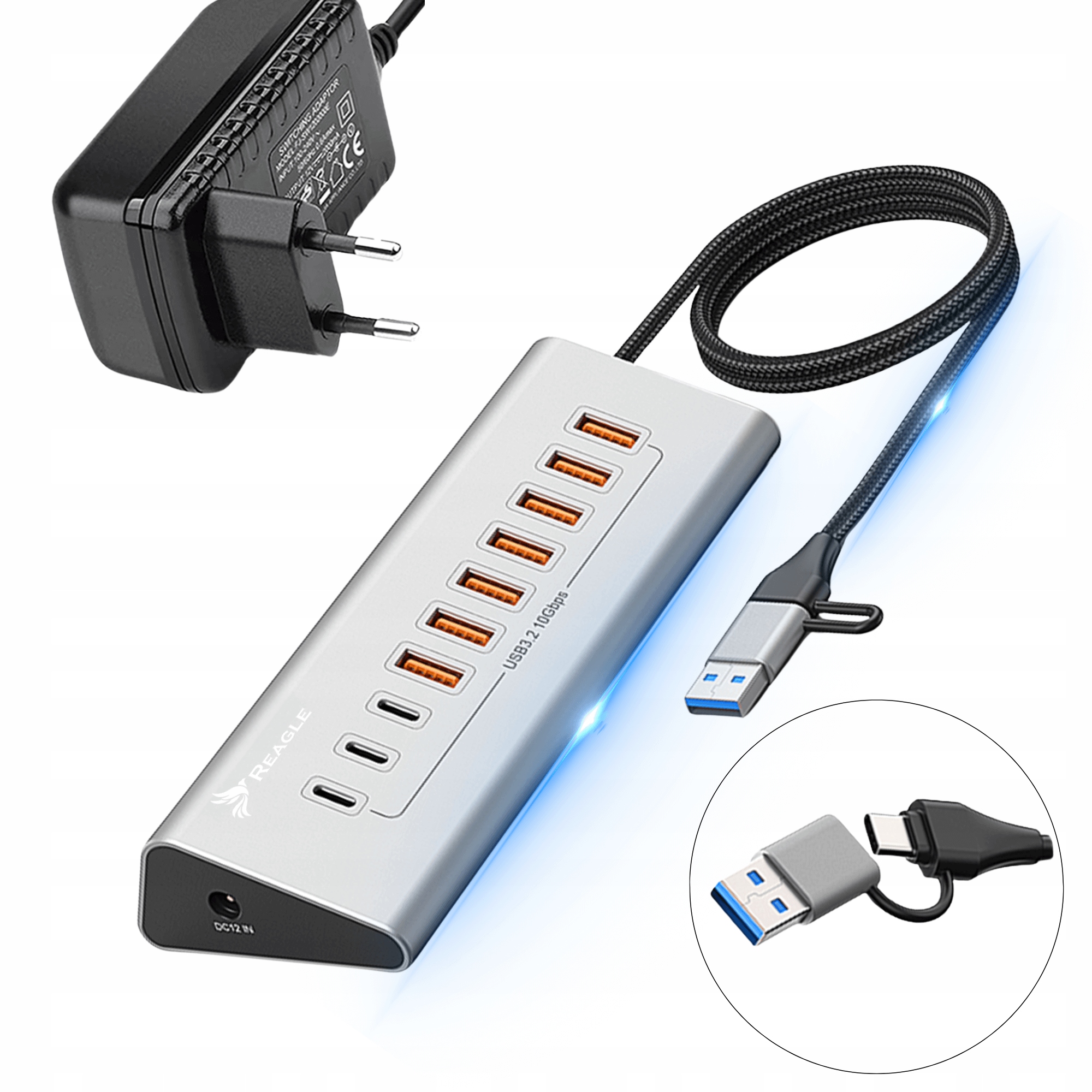 Aktivní Usb Hub S Napájecím Zdrojem 36 W, 10 Portů Usb 3.2, Rozbočovač