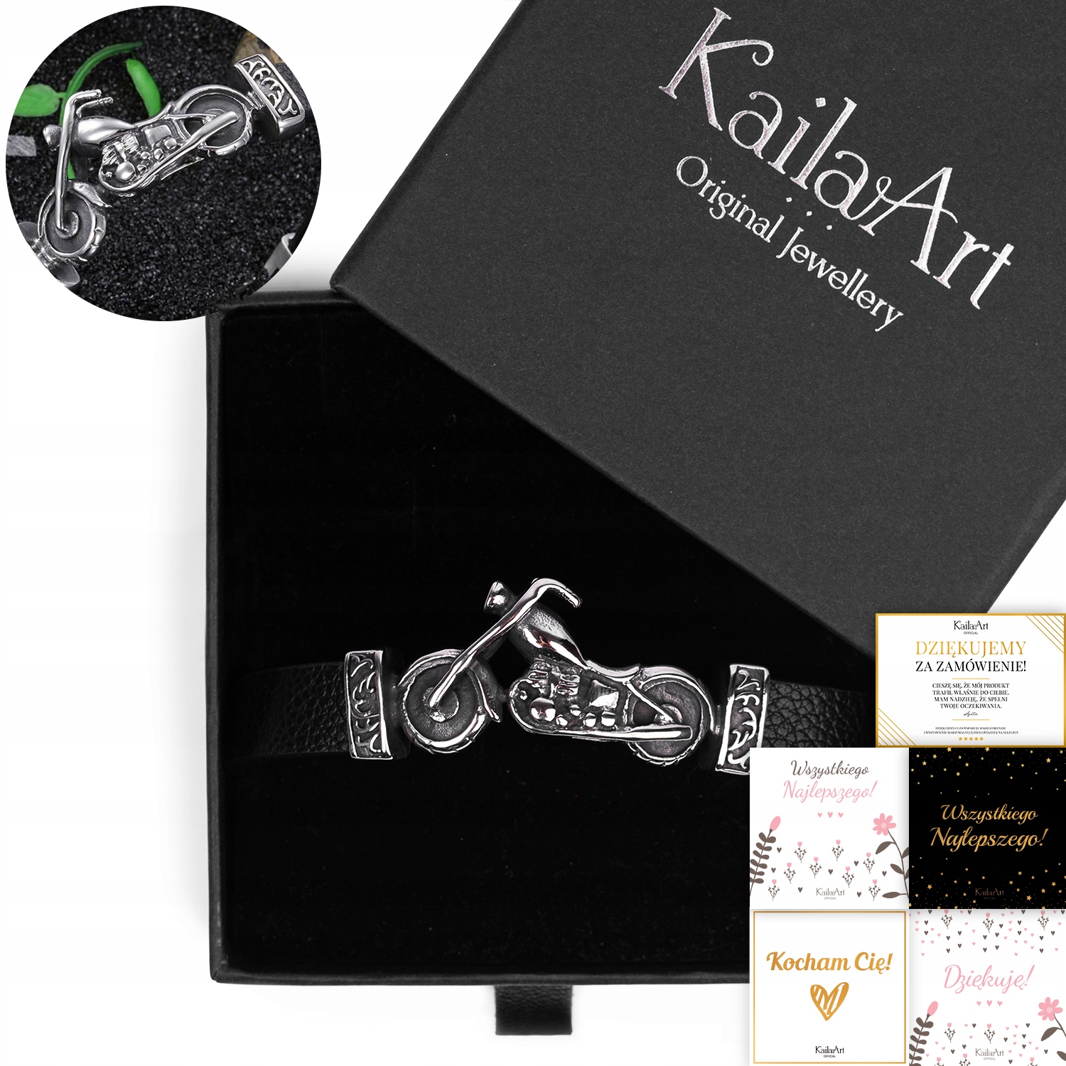 Bransoletka Skórzana Męska Dla Motocyklisty Czarna Duża Motocyklista Stal