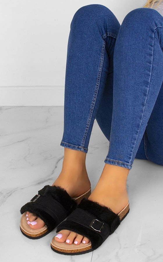 CZARNE KLAPKI NA KORKU FUTERKO DOMOWE KAPCIE 38 Rozmiar UK 5