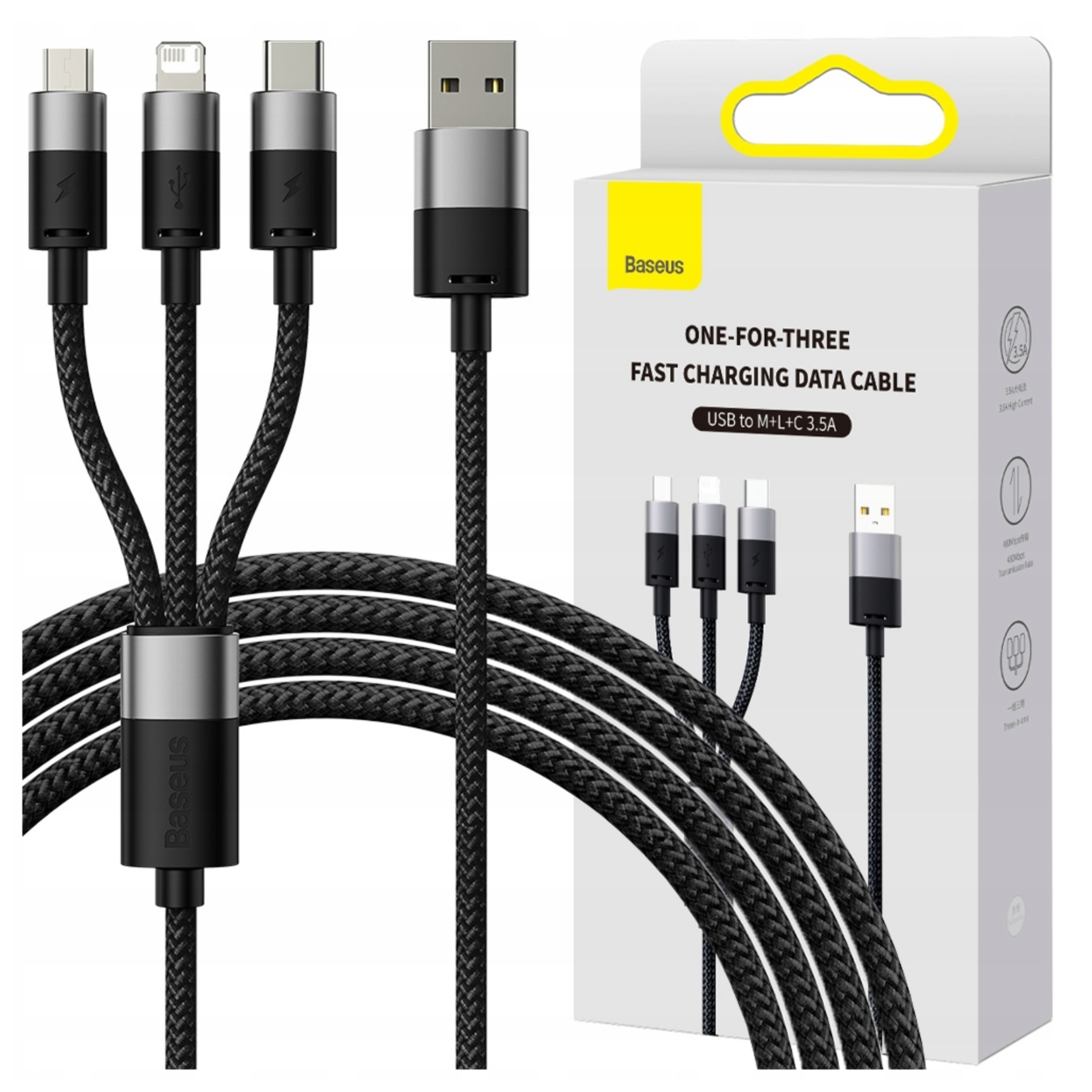 Baseus Kabel 3W1 Usb-c Micro Usb Do Lightning Do Telefonów 3,5A 1,2M
