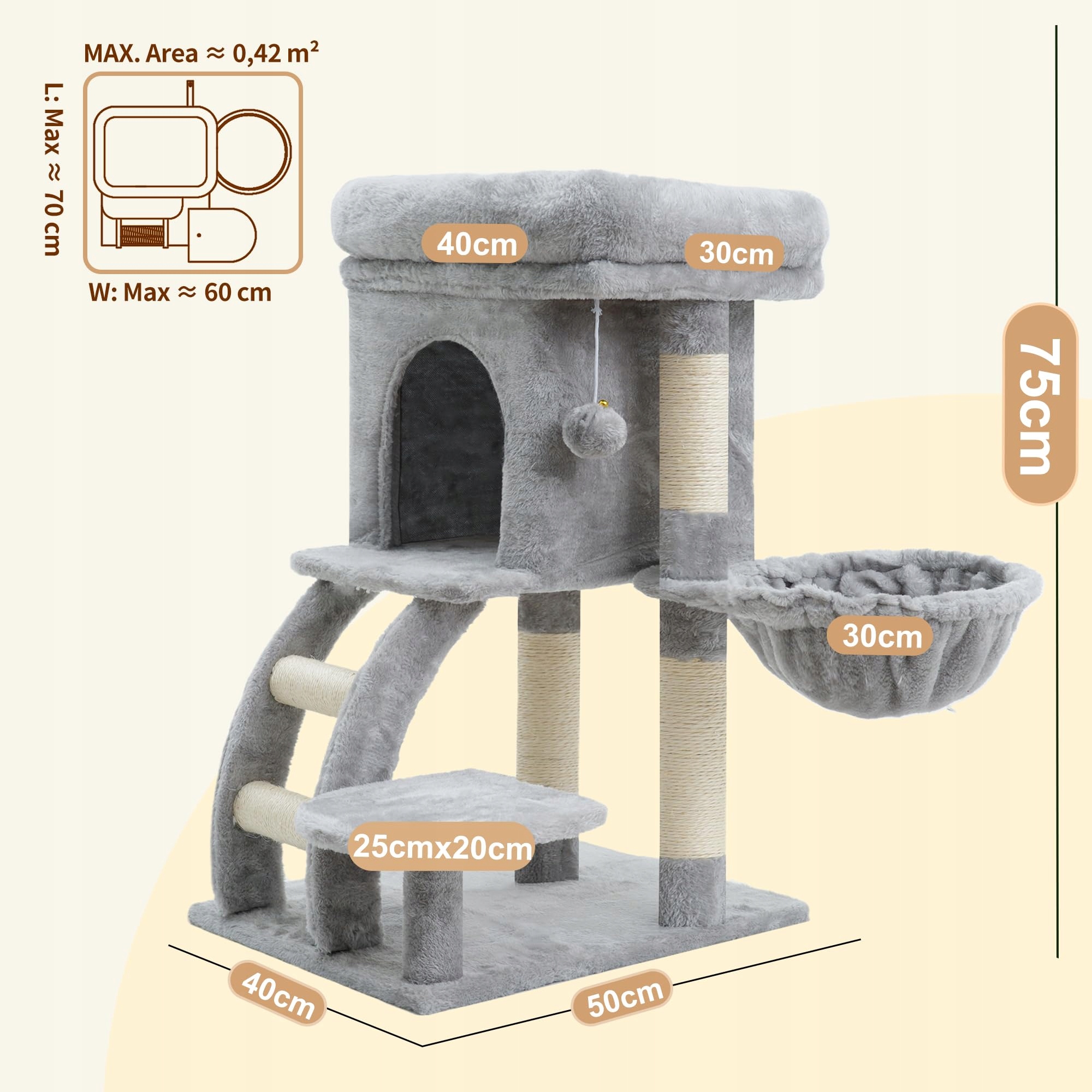 HEYBLY Drapak Dla Kota 75cm Z Platformą Jaskinią Hamakiem Drabinką Szary — miniatura 3