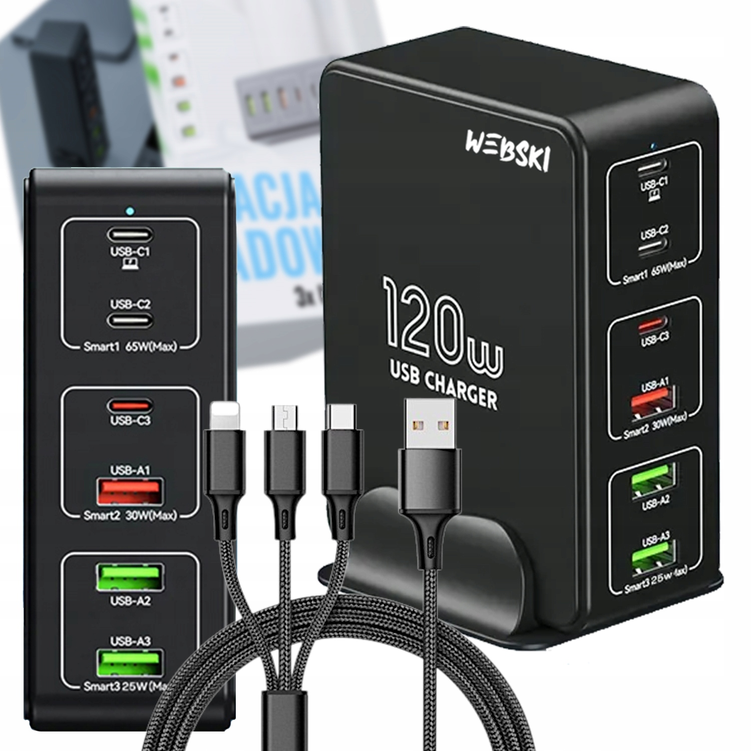 Rychlá síťová nabíječka 120W 6xUSB Qc kabel 3v1 pro mnoho zařízení