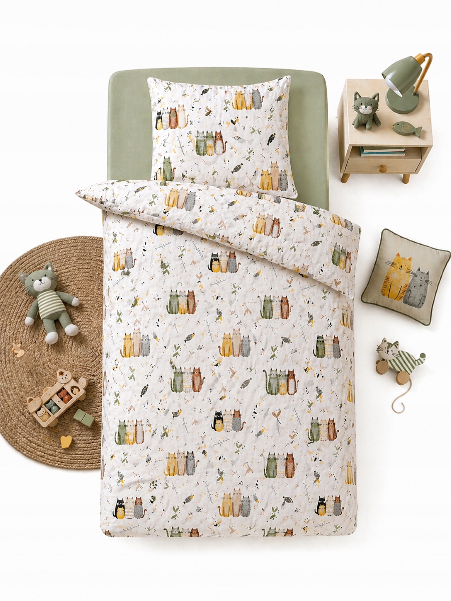 Pościel koty kotki kolorowe bawełniana 140x200 Cats Miau białe tło