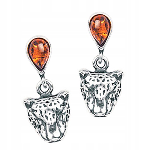 Stříbrné Náušnice kočka tygr pantera s originálním Jantarem stříbro 925 Tyčinky