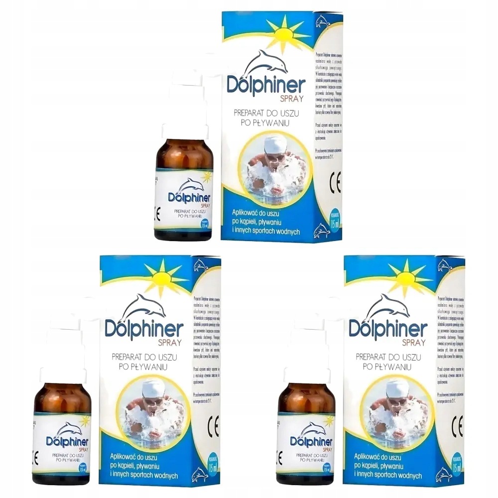 3x Dolphiner, spray do uszu po pływaniu, Ucho Pływaka, 15 ml