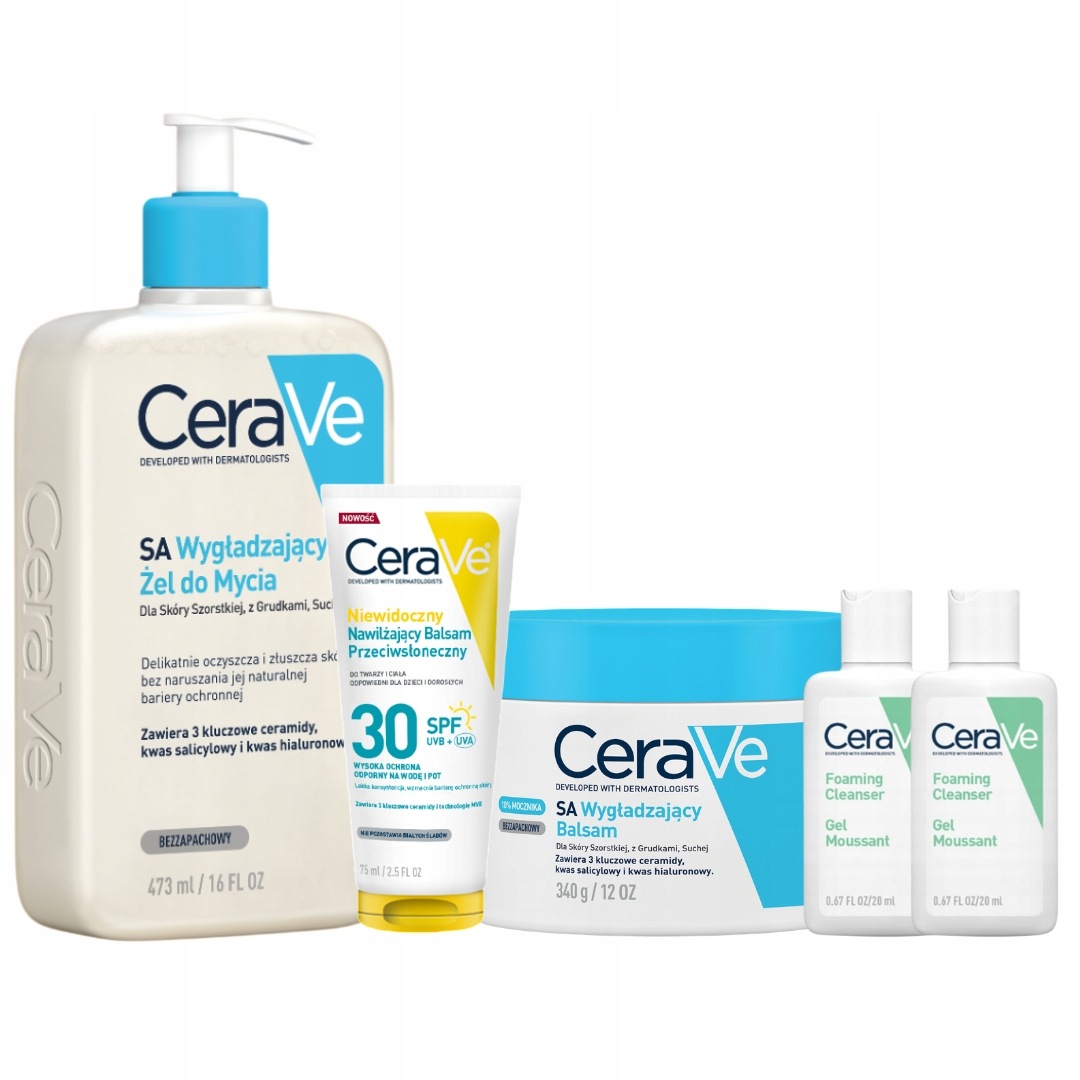 CeraVe Zestaw Wygładzający Sa Żel do Mycia 473ml Balsam Skóra Szorstka 340g