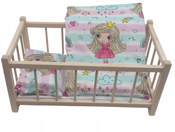 Drewniane łóżeczko dla lalek + POŚCIEL+ MATERAC