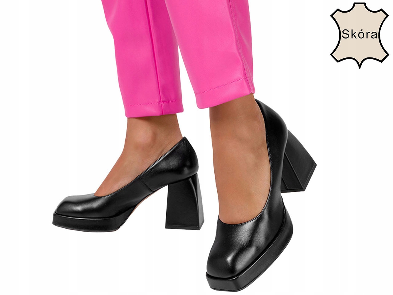 

Czółenka Na Platformie Szeroki Obcas Skóra Pl r 37