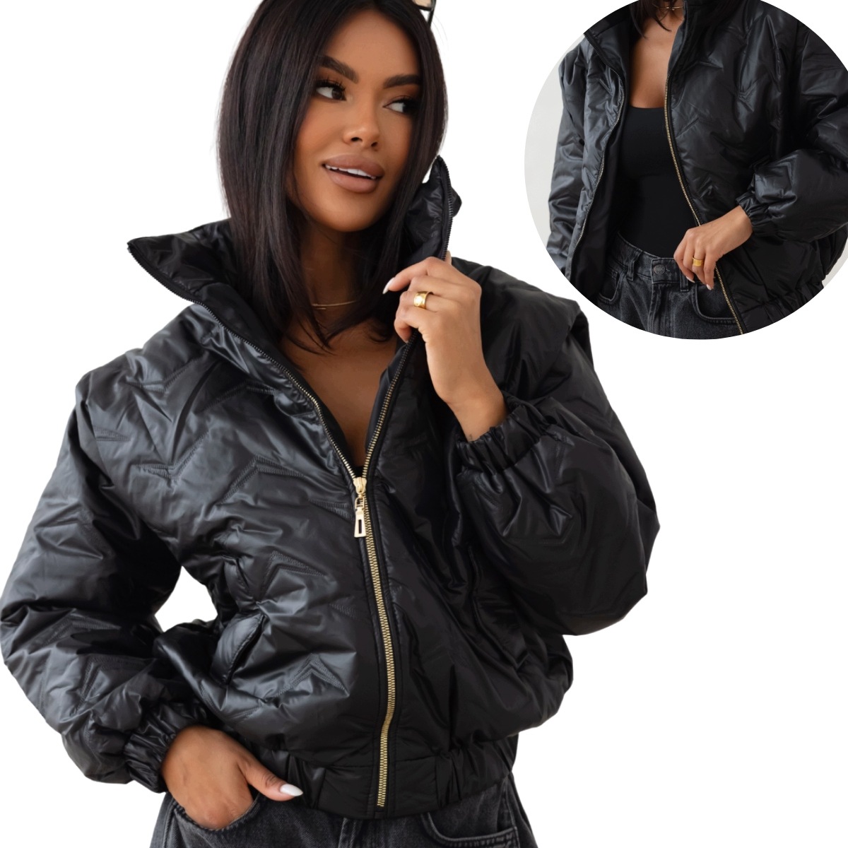 Dámská prošívaná oversize bunda puffer s krátkým vysokým límcem 113 XL