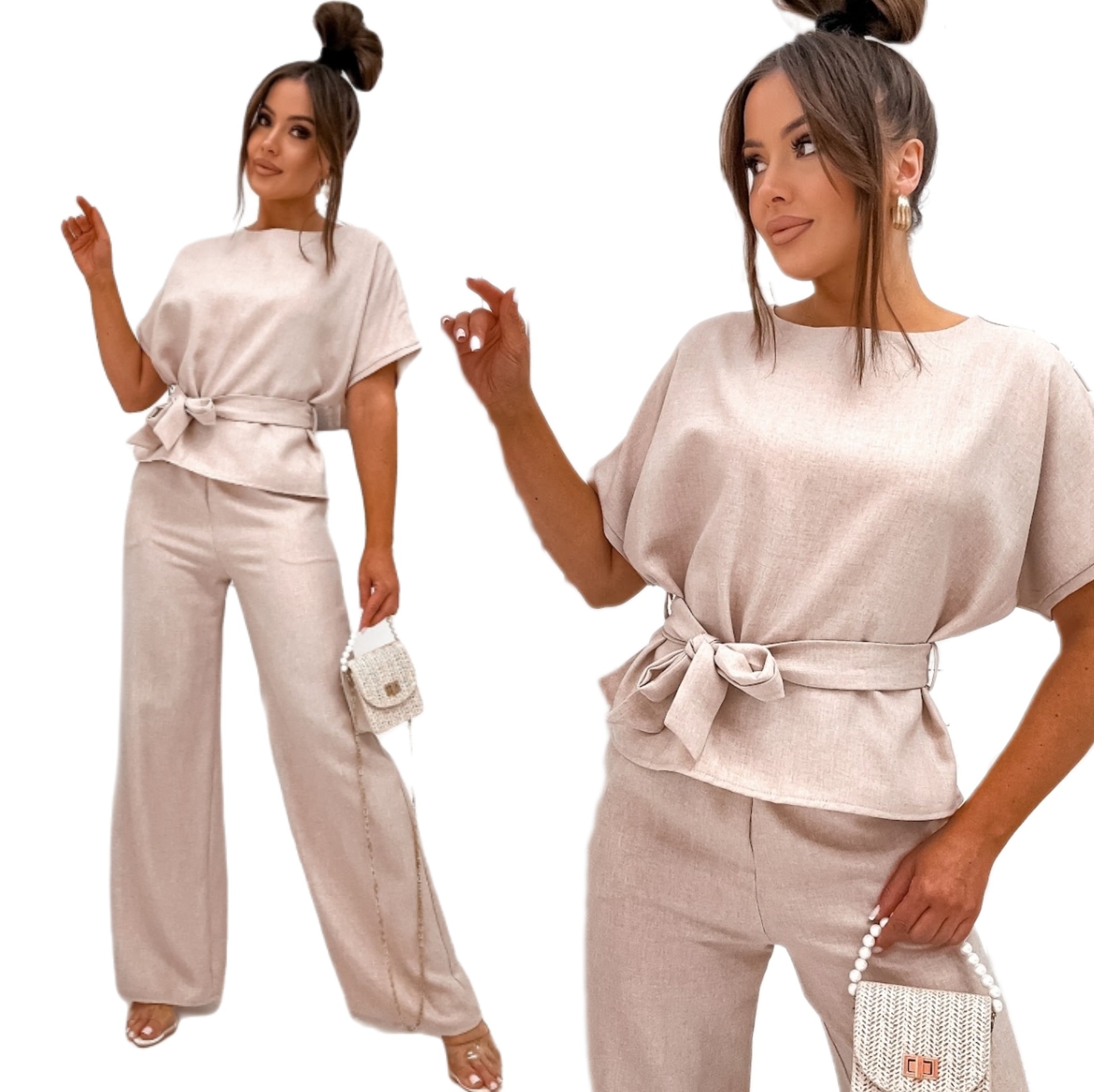 Letni Komplet Damski Imitacja Lnu Bluzka Szerokie Spodnie S/m