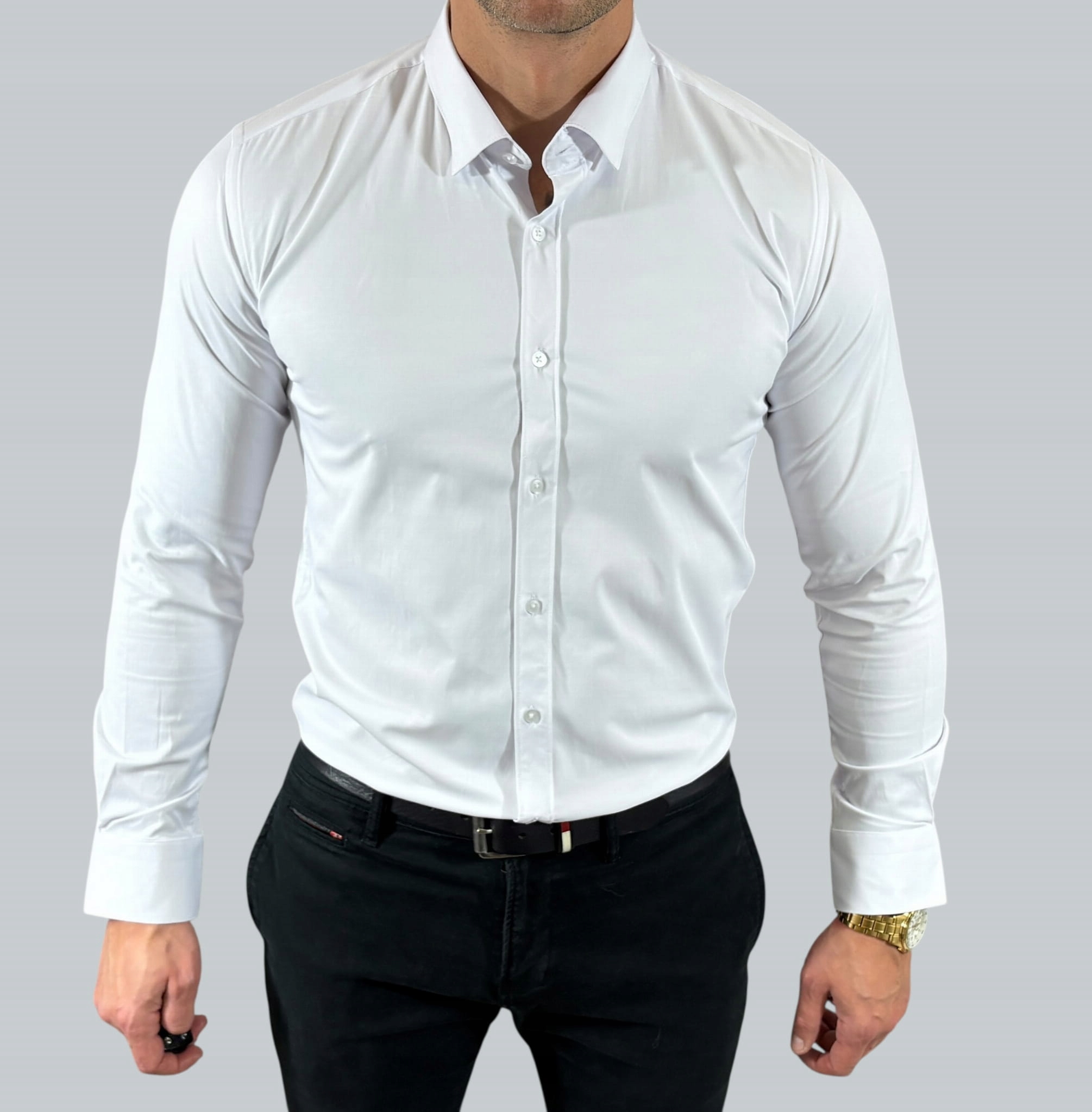 Košile slim fit bílá-01 klasická saténová hladká elegantní EGO04 L