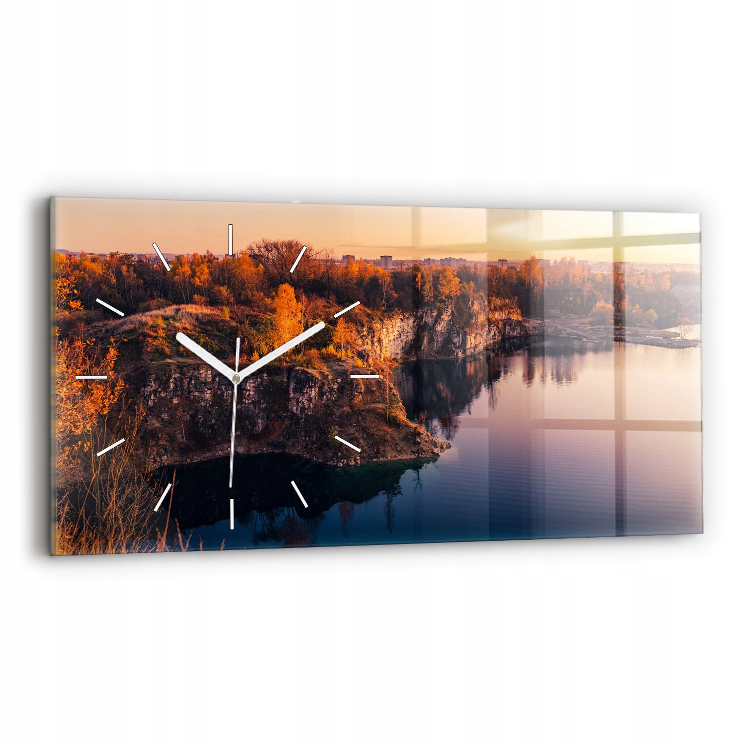 Horizontální skleněné hodiny do ložnice Krakov jezero Zakrzówek podzim 60x30 cm