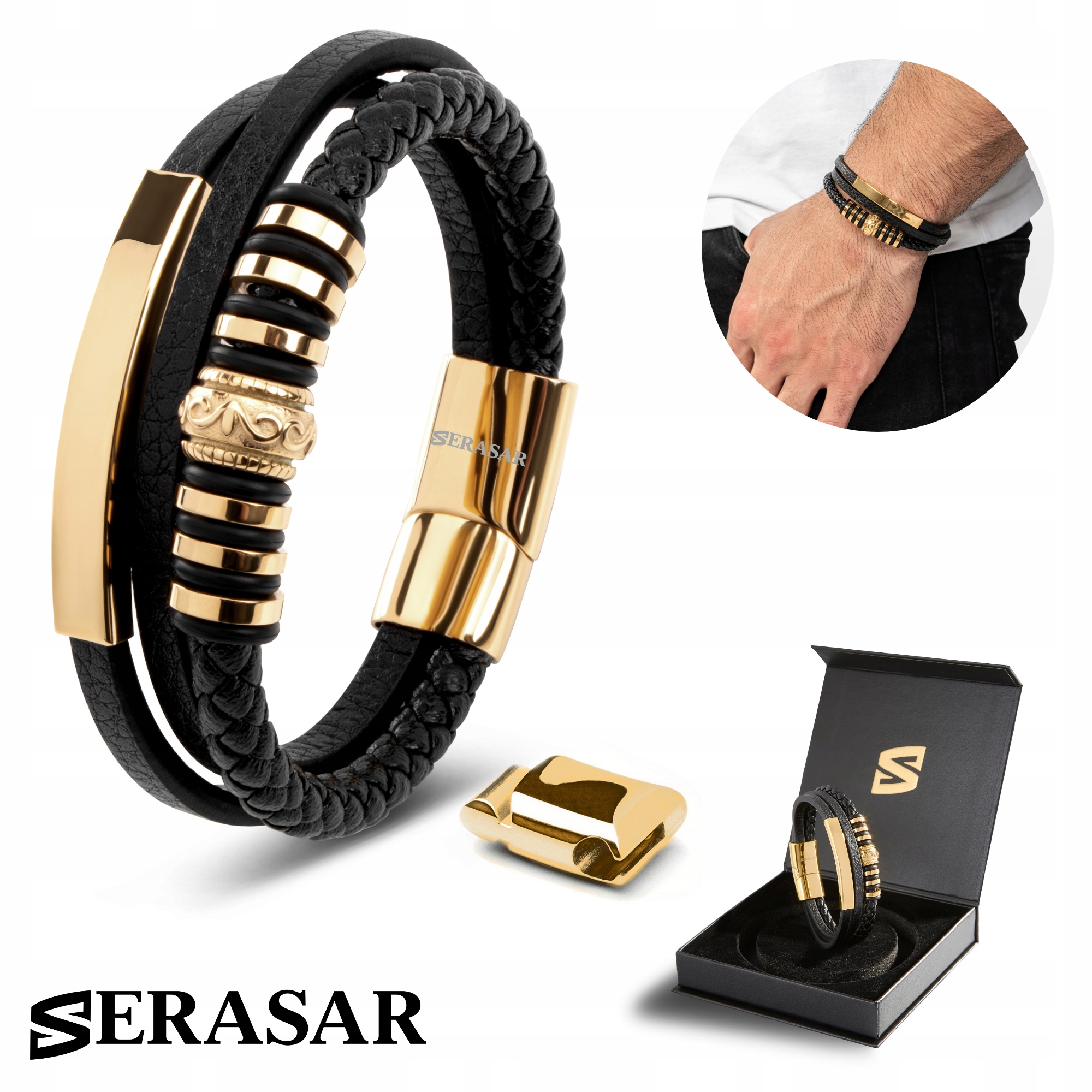 Serasar, Pánský kožený náramek [Shine] Zlatý, 17 cm