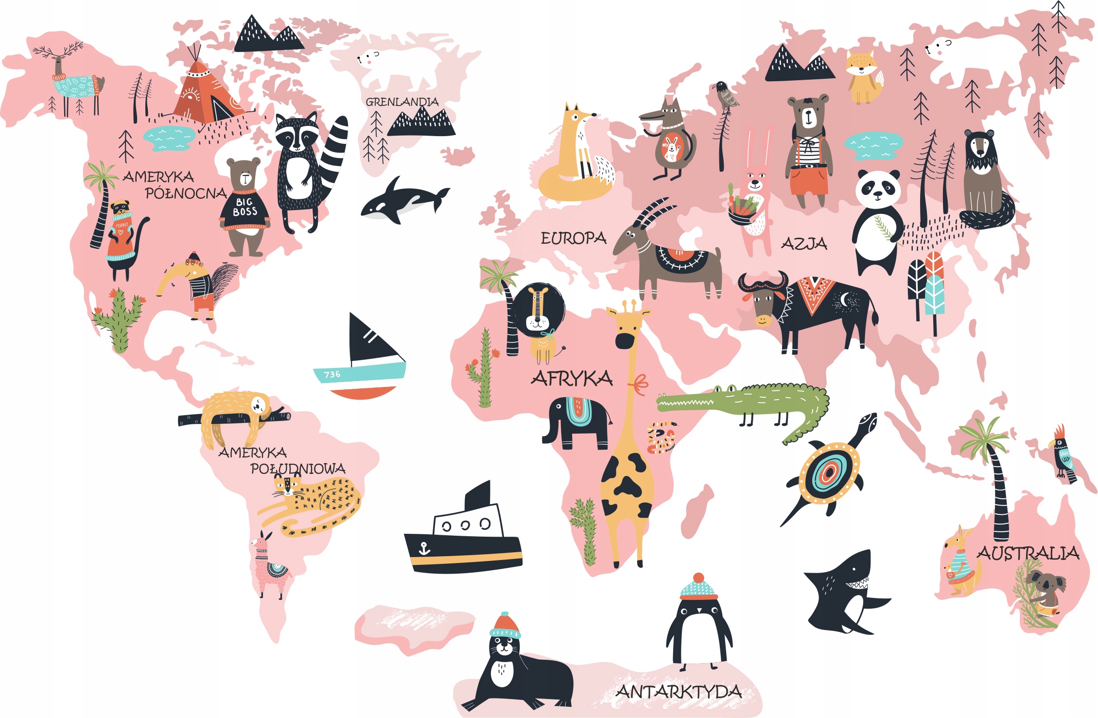 

Naklejka Mapa Świata 5 zwierzęta dla dzieci 175cm