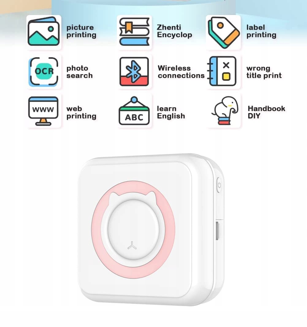 WANGCL Przenośna Drukarka Mini Bezatramentowa Do Zdjęć iOS Android Różowa — miniatura 2