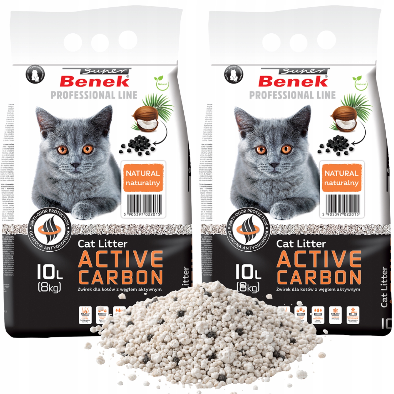 Benek Carbon Żwirek dla kota z Aktywnym Węglem 2x10L Antybakteryjny