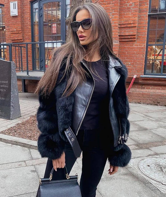 LUX Ramoneska Skóra naturalna Futro z Lisa 42 XL Długość do bioder