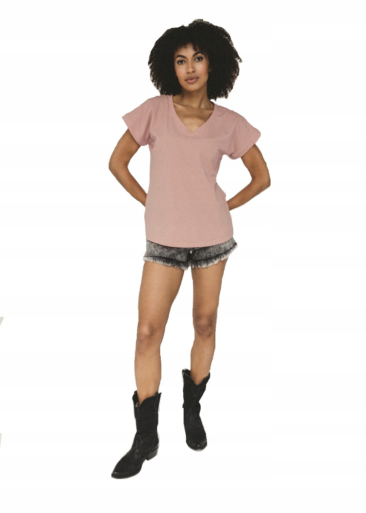 

Różowy t-shirt V neck basic Bopoco