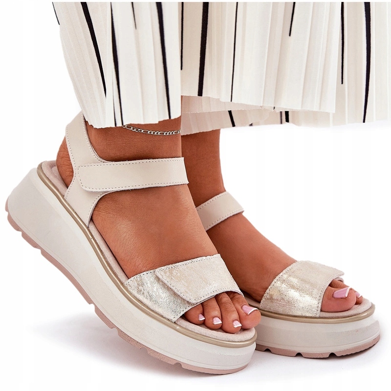 Dámské Kožené Sandály Na Suchý Zip Platforma S.barski LR51-543 Zlaté 41