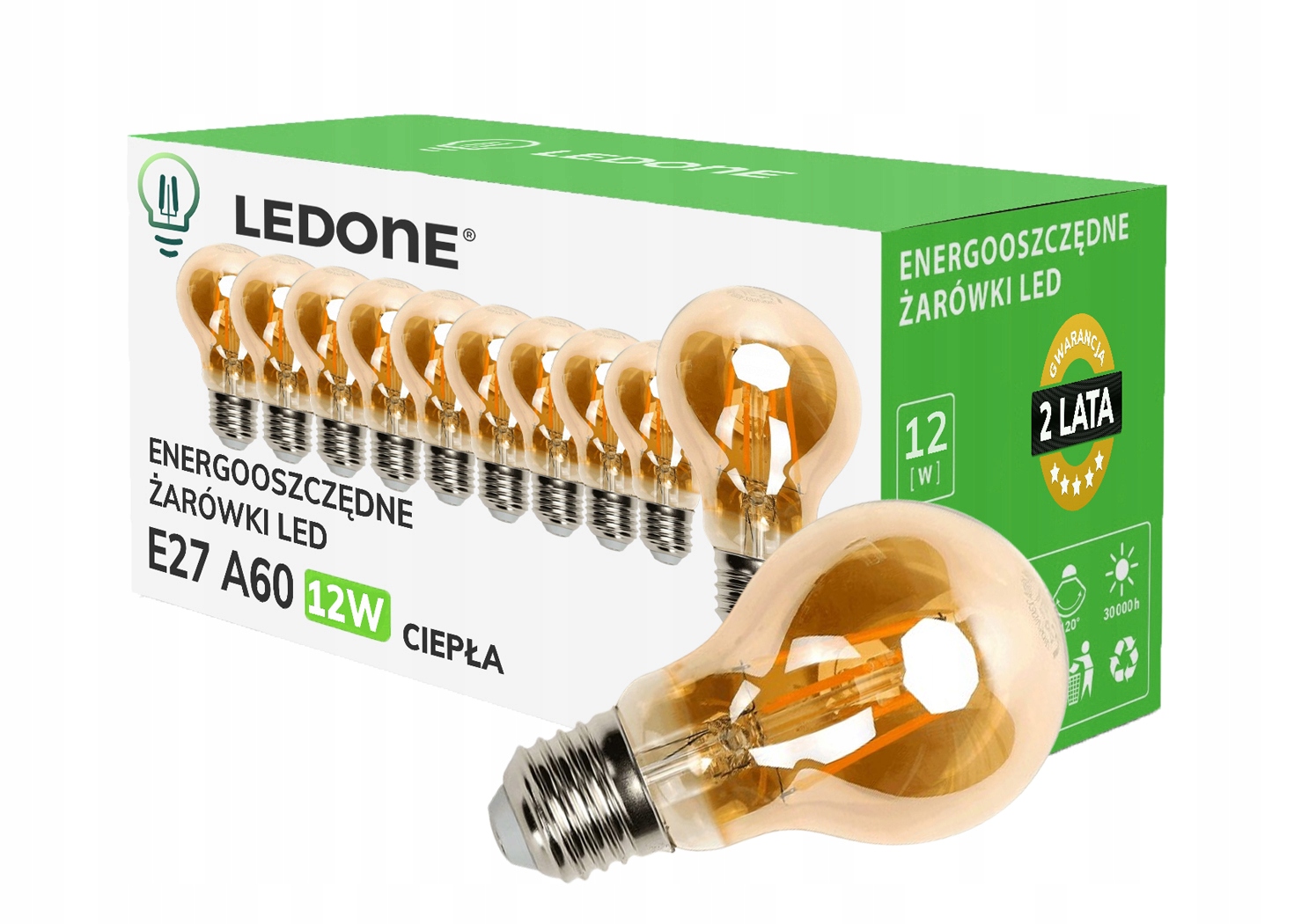 10x Led žárovka filament E27 A60 12W Teplá retro Vintage Led sada