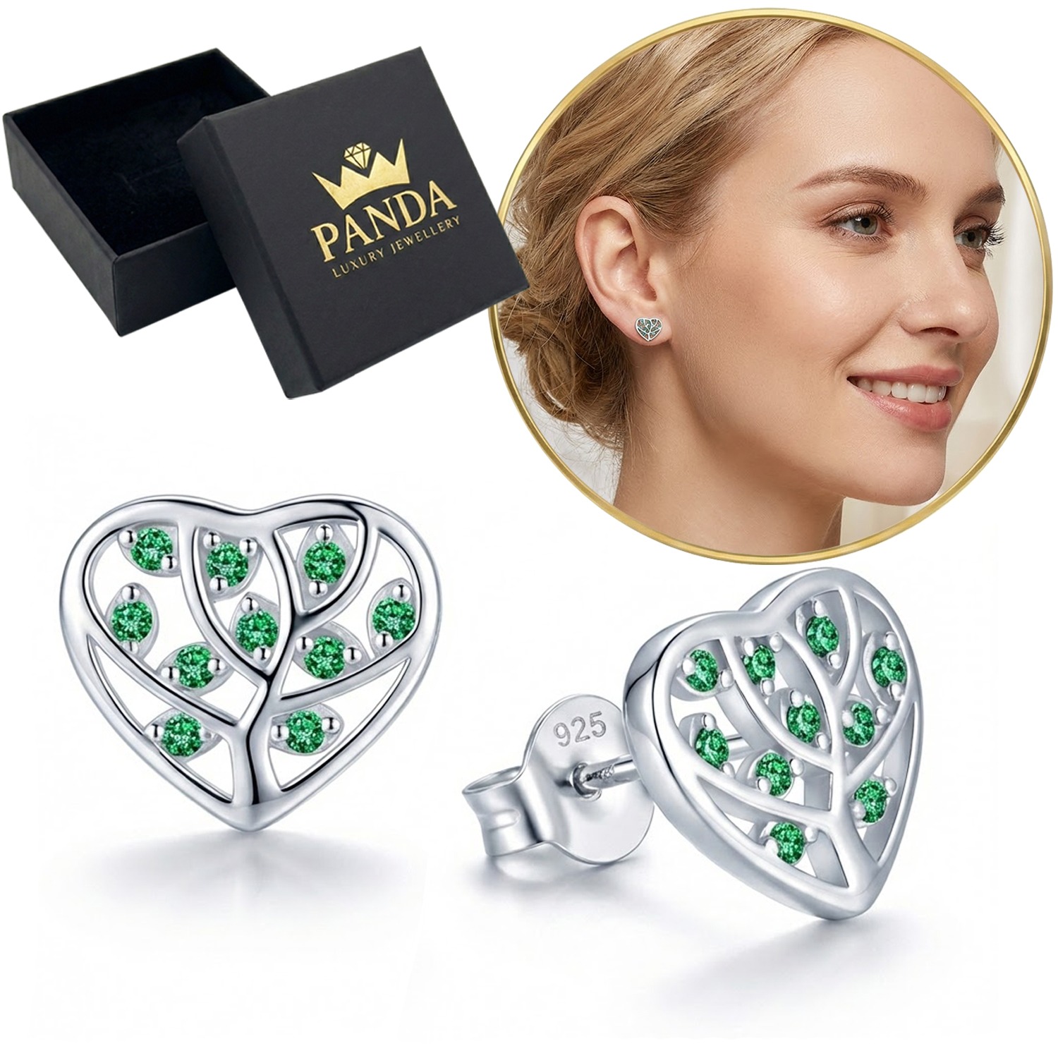 Stříbrné Náušnice 925 Šroubky Srdce Strom života Zirkony Dárek pro ni
