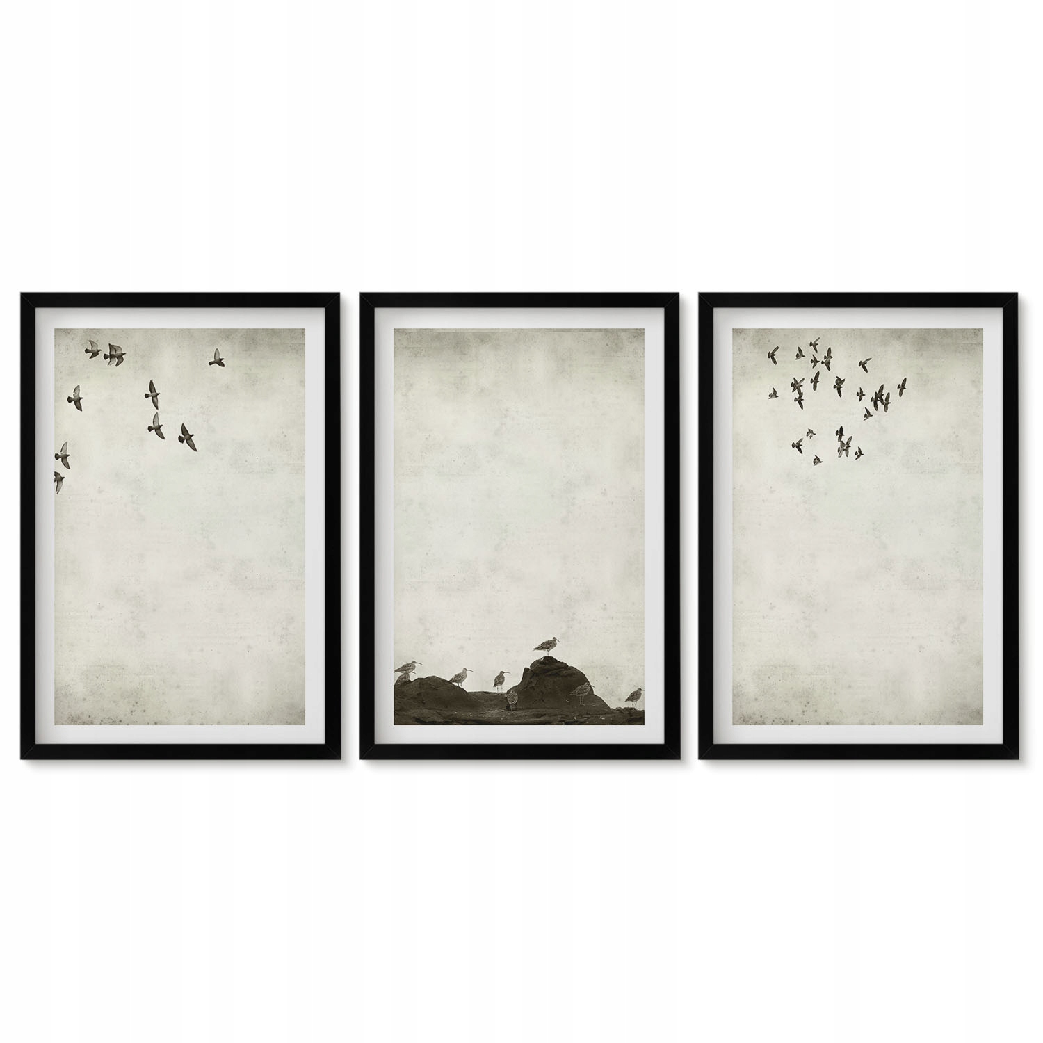 Obrazy v černém rámu Sada 3 kusů 40x60 cm Letící ptáci minimalismus