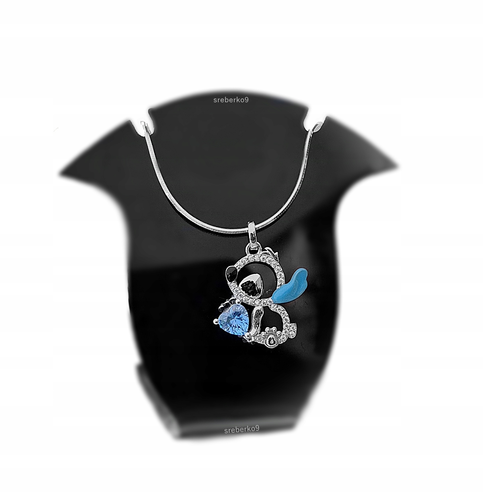 Pr.925 Srebrny naszyjnik bajkowy Stich z sercem kolorowy Stitch cyrkonie