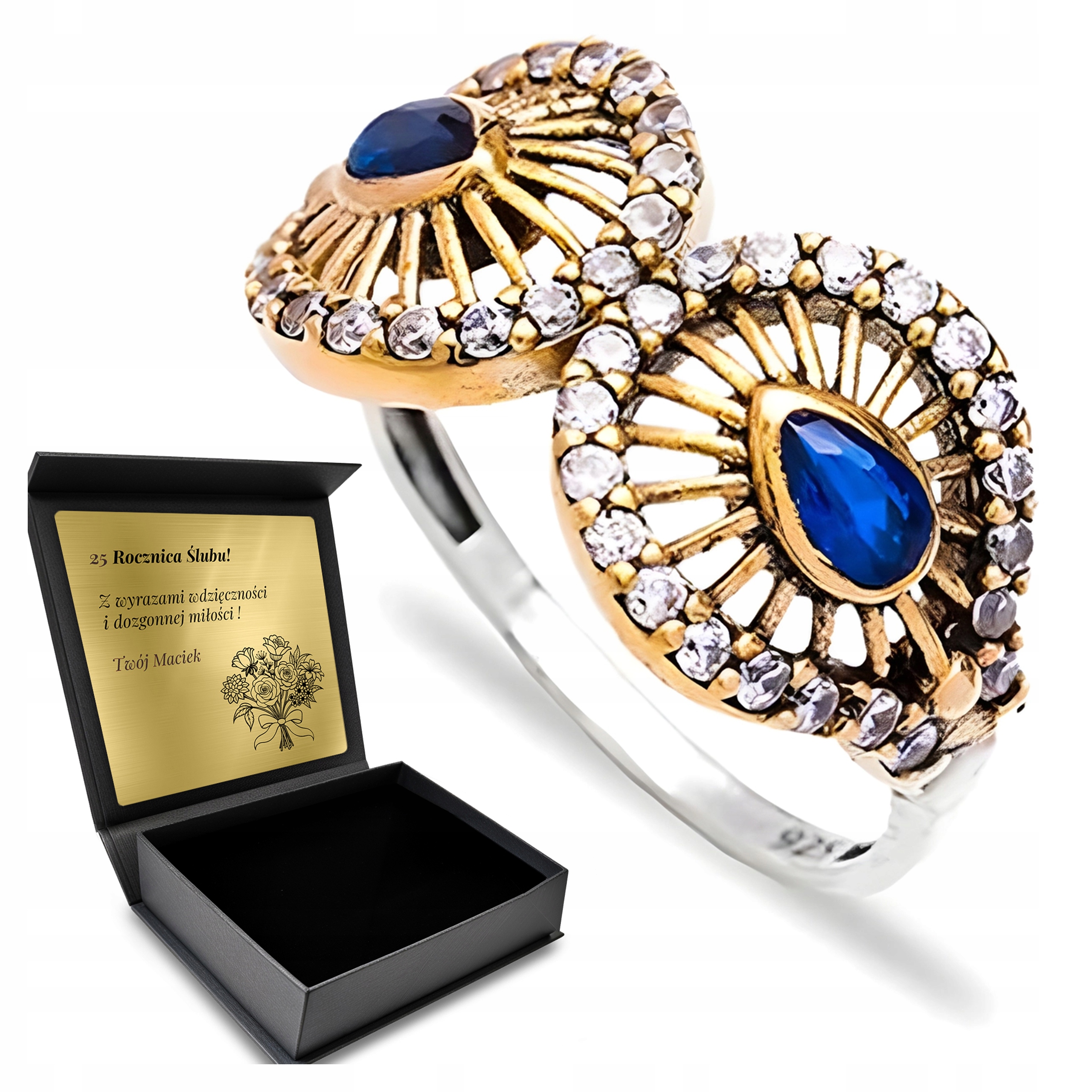 Prstýnek Srerbny 925 Zirkony Safír Dárek pro ženu Gravírování Bonus