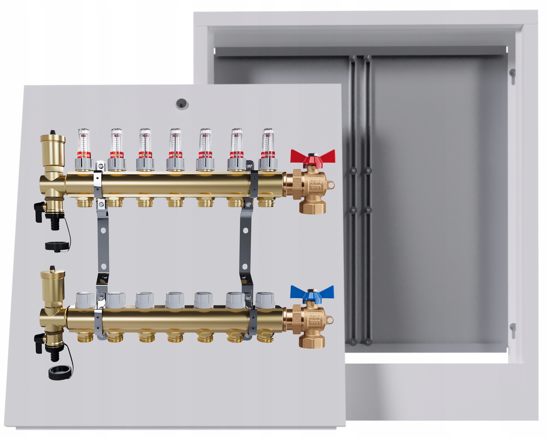Mosazný rozdělovač podlahovky 7 okruhů nástěnná skříňka Kulový Kohout