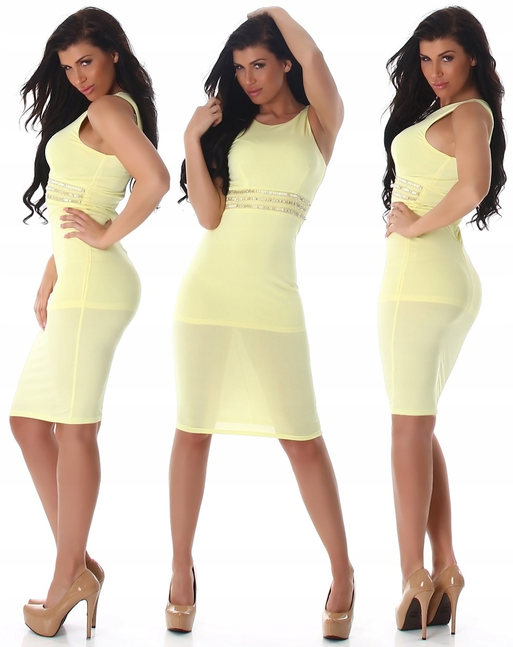 

N395 Elegancka Żółta Sukienka Ołówkowa Dopasowana