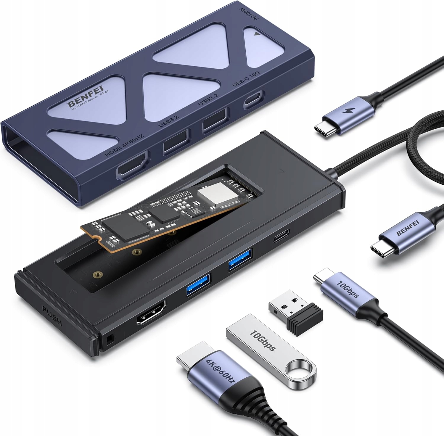 Benfei Hub Usb-c 3.2 6w1 obudowa M.2 NVMe Ssd 2xUSB-A Hdmi 4K 60Hz Pd 100W