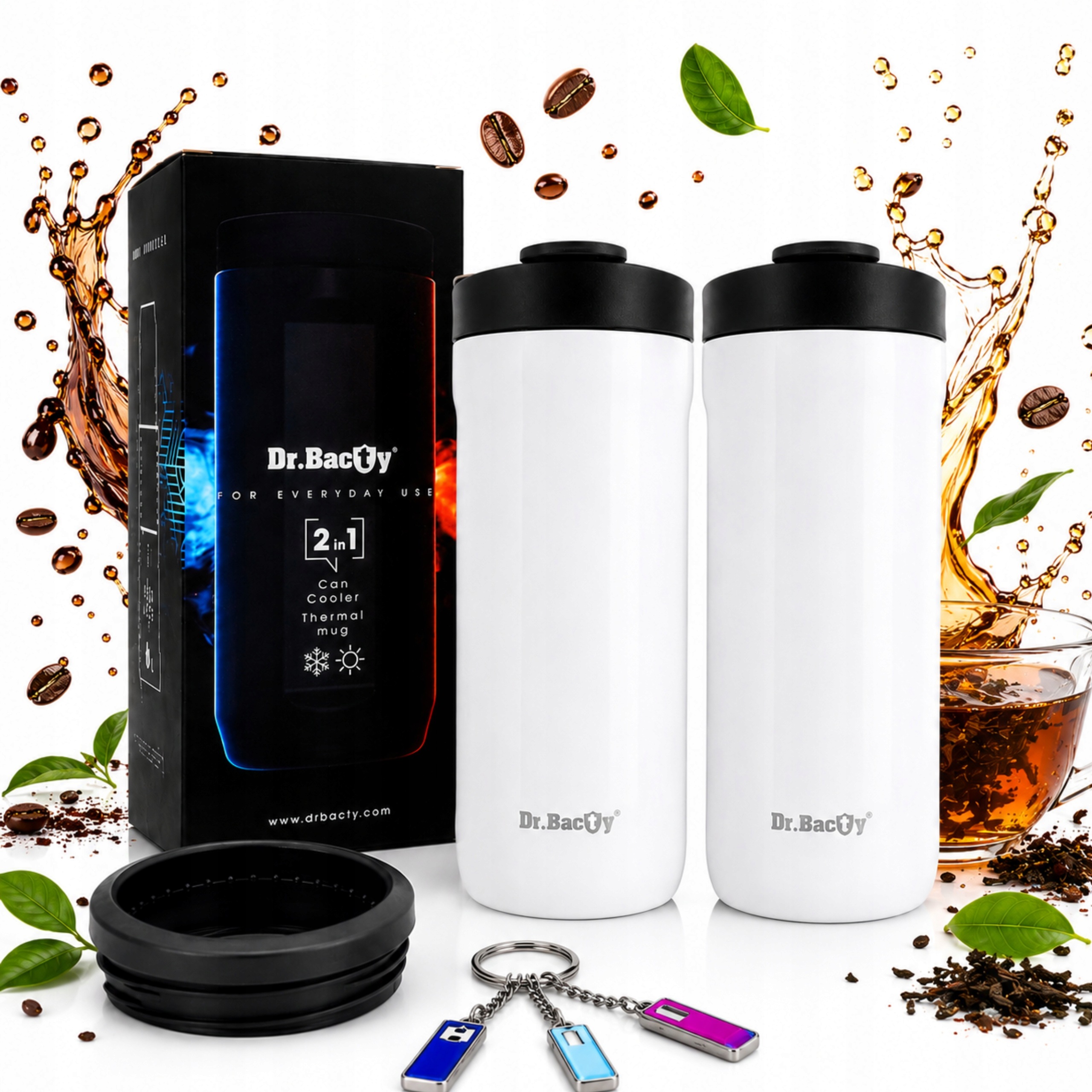 2x Kubek termiczny na kawę 2w1 Dr.Bacty Notus 360 ml biały Brelok