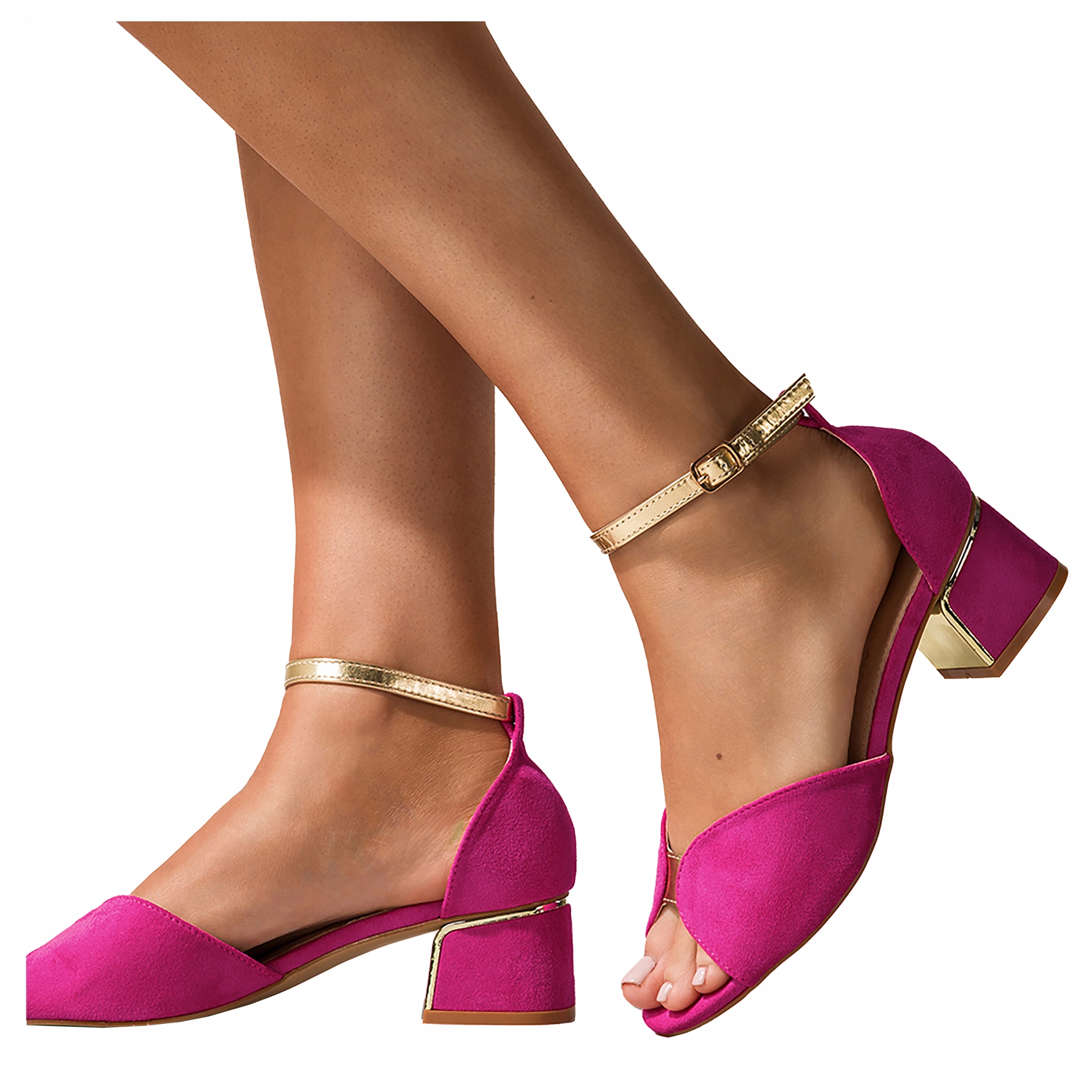 Fuchsiové Sandály Dámské Elegantní Na Podpatku Klocku Kožená Vložka vel 36
