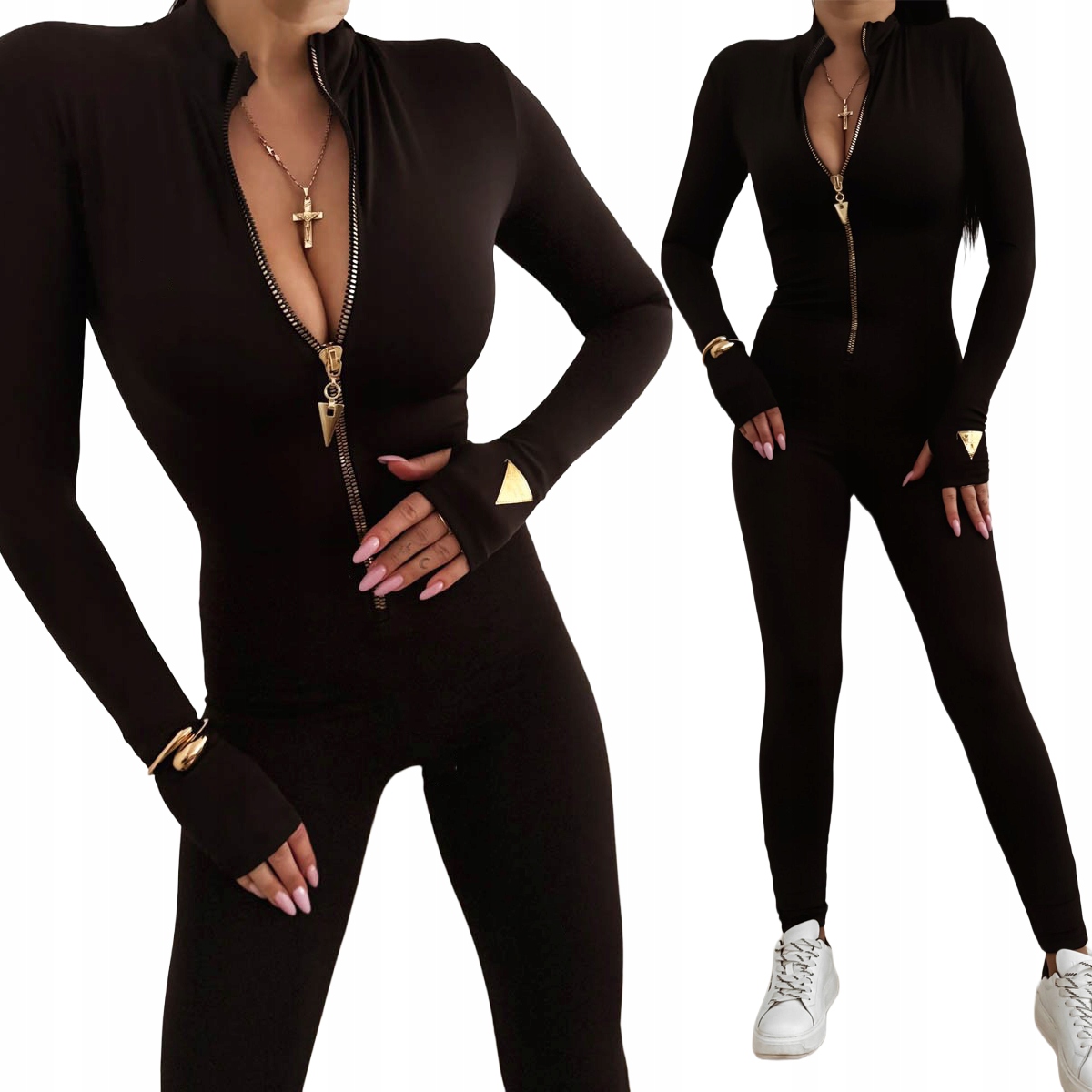 Kombinéza přiléhavá lycra Černý zlatý zip Logovaný Loox Fashion Xs/s