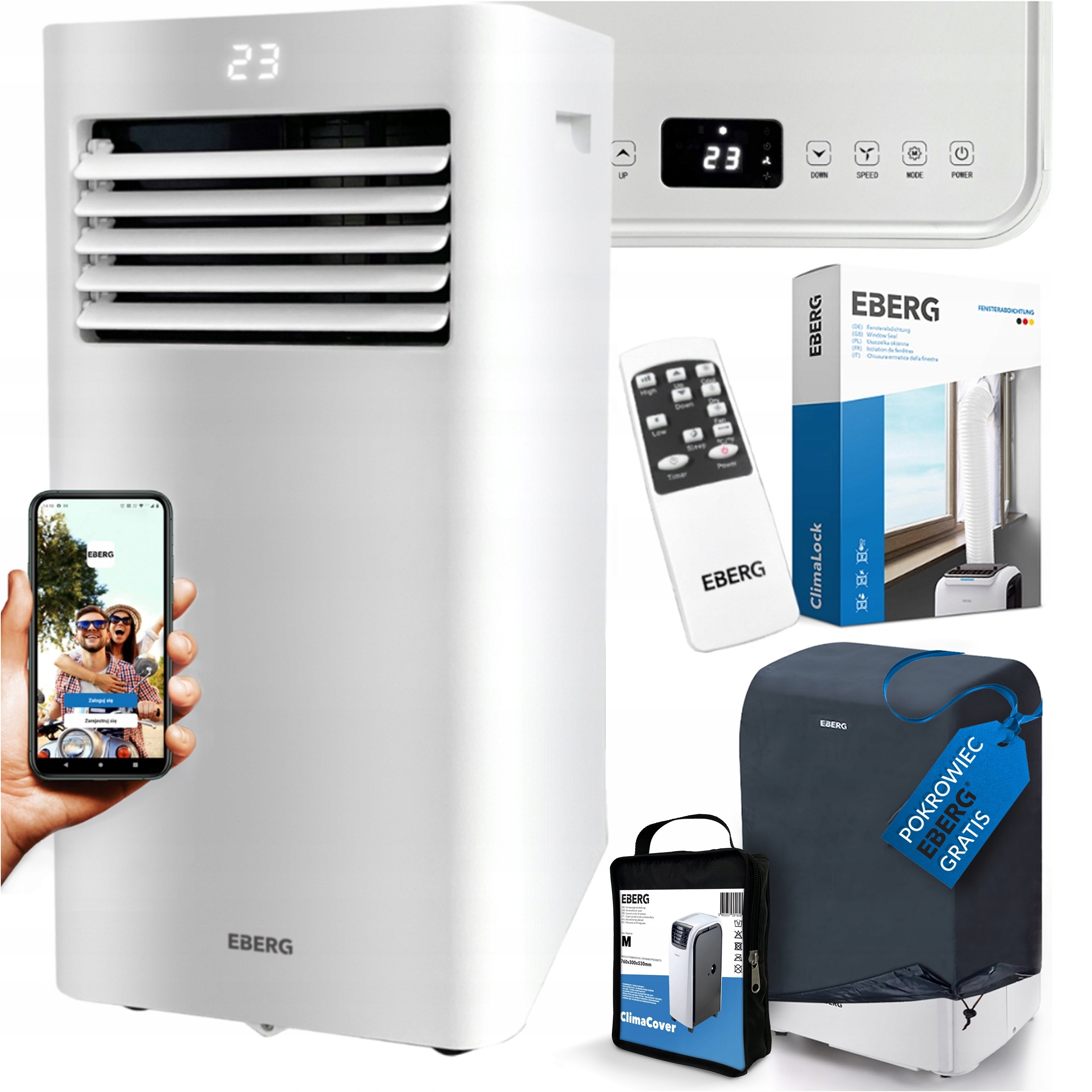 Klimatyzator przenośny Eberg Rio 3kW 2xLED 3w1 pilot WiFi cichy wydajny