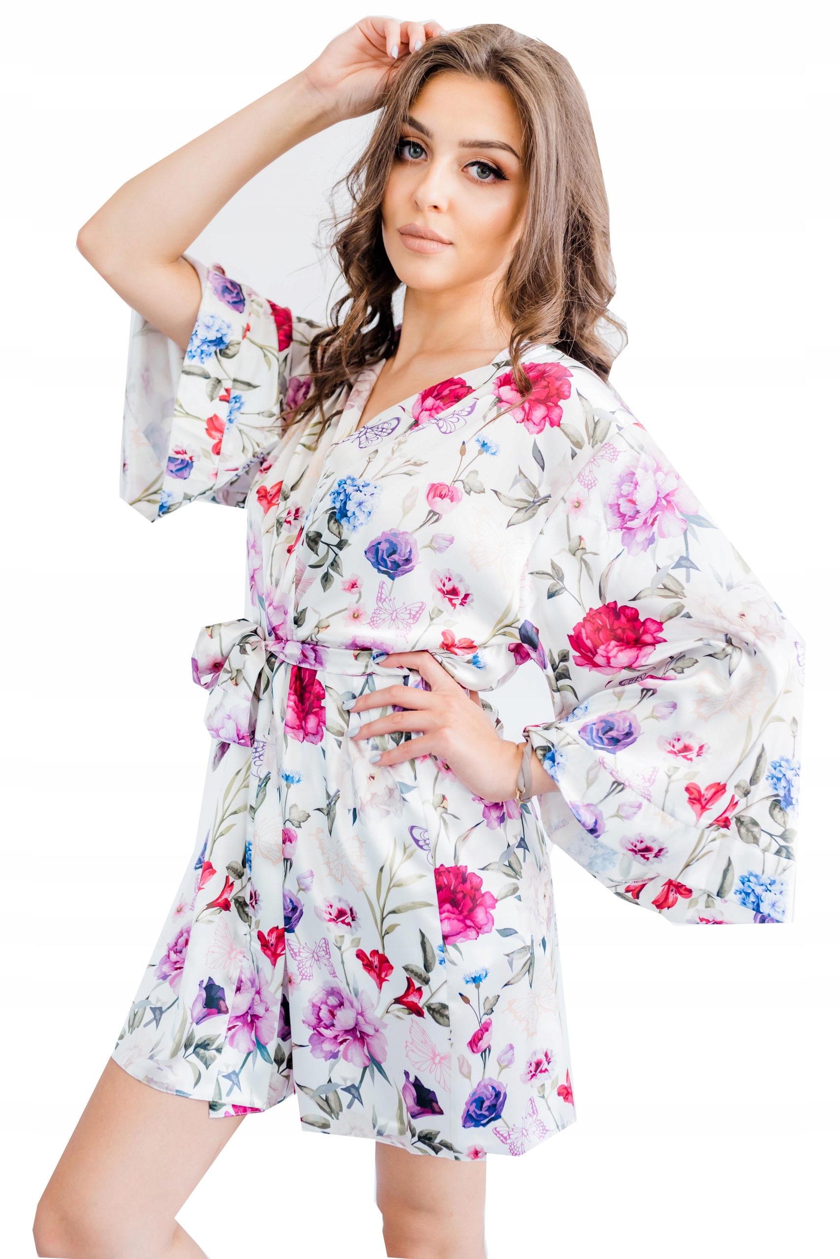 Saténový župan kimono s květinami pro nevěstu