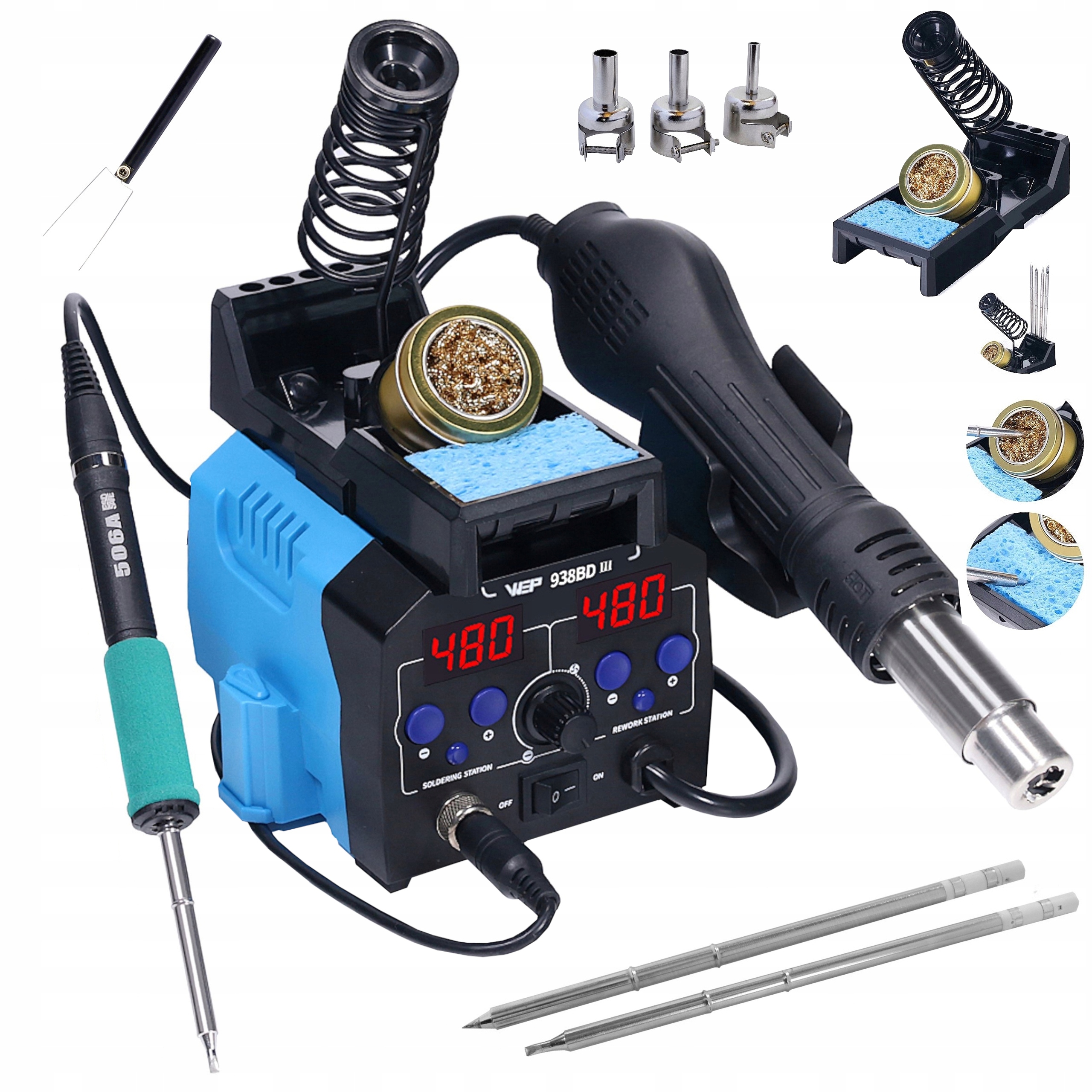 Stacja lutownicza HOTAIR precyzyjna WEP 938BD-III 775W Zestaw 2xGROTY T12
