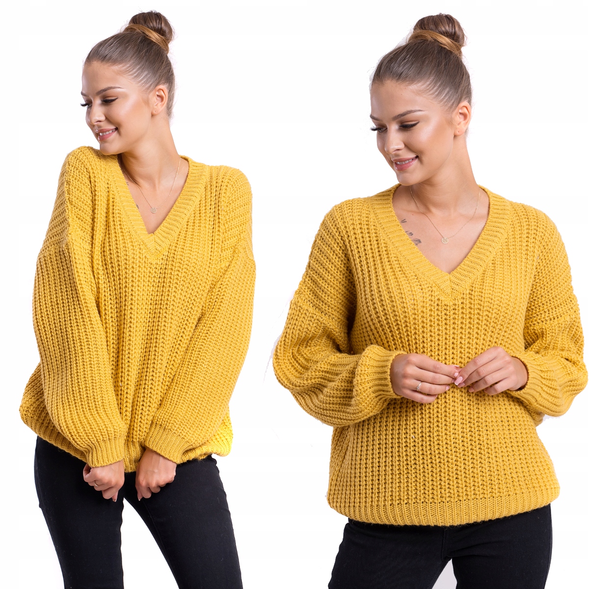 

Oreo Perłowy Sweter Oversize Z Głębokim Dekoltem V