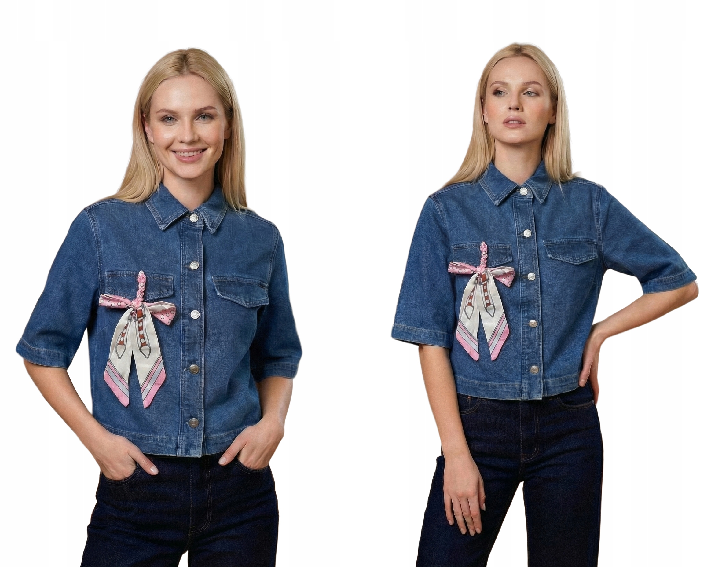 Dámská Džínová Košile Elegantní Stylová S Krátkým Rukávem Denim Modrá M