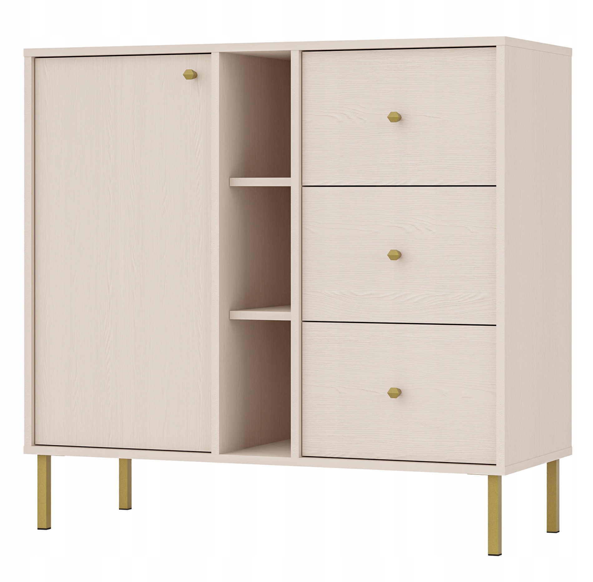 Jednodveřová komoda Oktio, tři zásuvky a police, 100 cm, pískově béžová